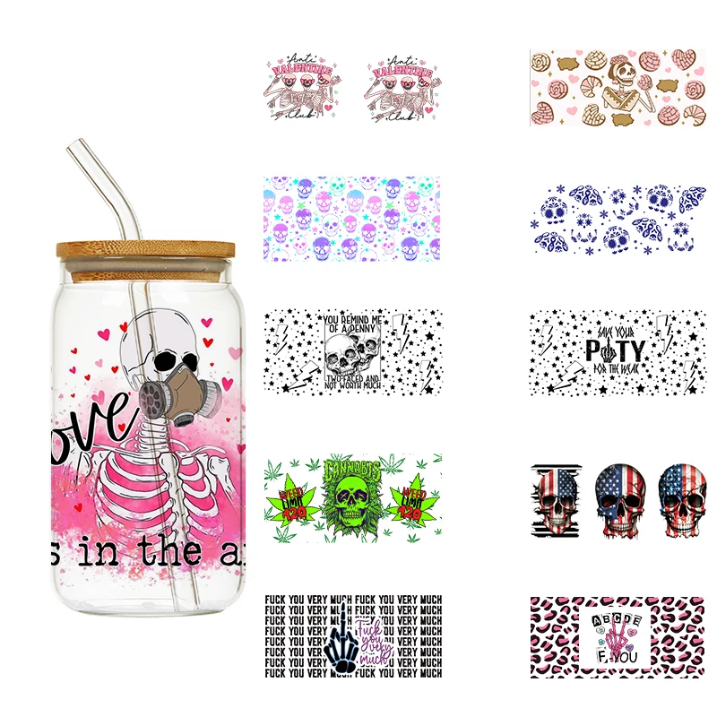 LETOP 1PCS 16oz Pumpkin Leaf Skull DTF UV Transfer Stickers for Glass Tumbler - Skeleton Design Love Theme