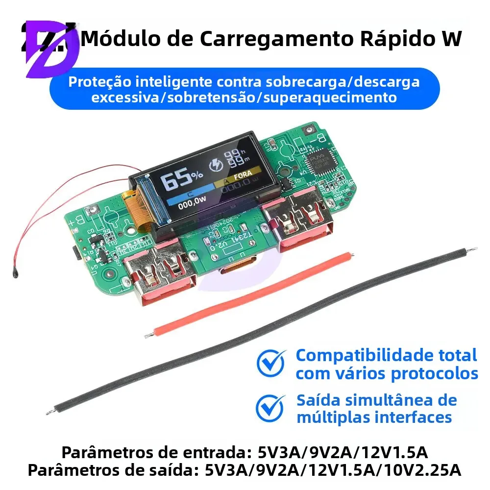 Módulo de carregamento rápido de 22.5w, tela colorida tft, display digital, energia móvel, 3.7v, bateria de lítio ternária, placa-mãe, recarga diy