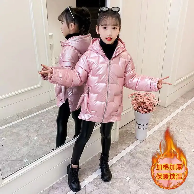 4-12 Years Winter Girls Down Jacket Glossy Waterproof Keep Warm Little Princess Coat Hooded Zipper Outerwear New Kids Clothes