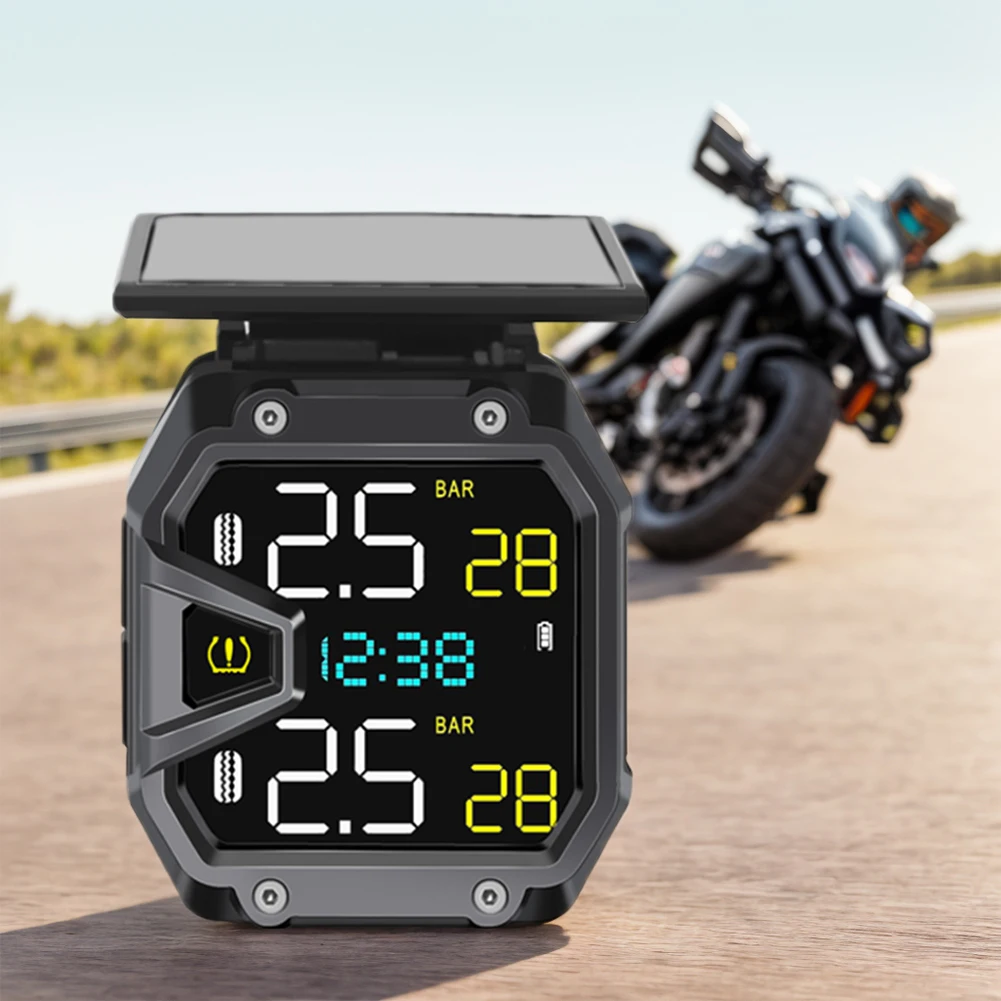 Motorcycle TPMS Real-Time Bike Air Pressure Monitor QC3.0 Rapid Charging Solar Power Tire Pressure Monitor for Emergencies Tool