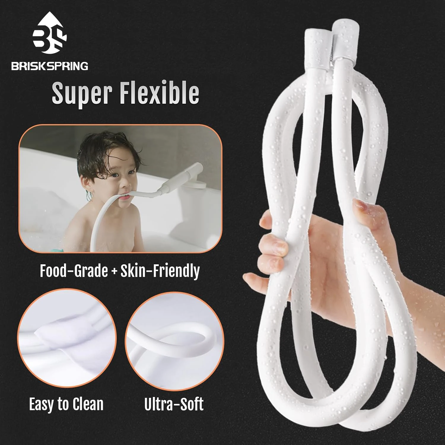 

BriskSpring Food Grade Silicone Shower Hose Ultra-Soft 1.5/2M White Flexible Shower Head Tube Explosion-Proof Plumbing Pipe