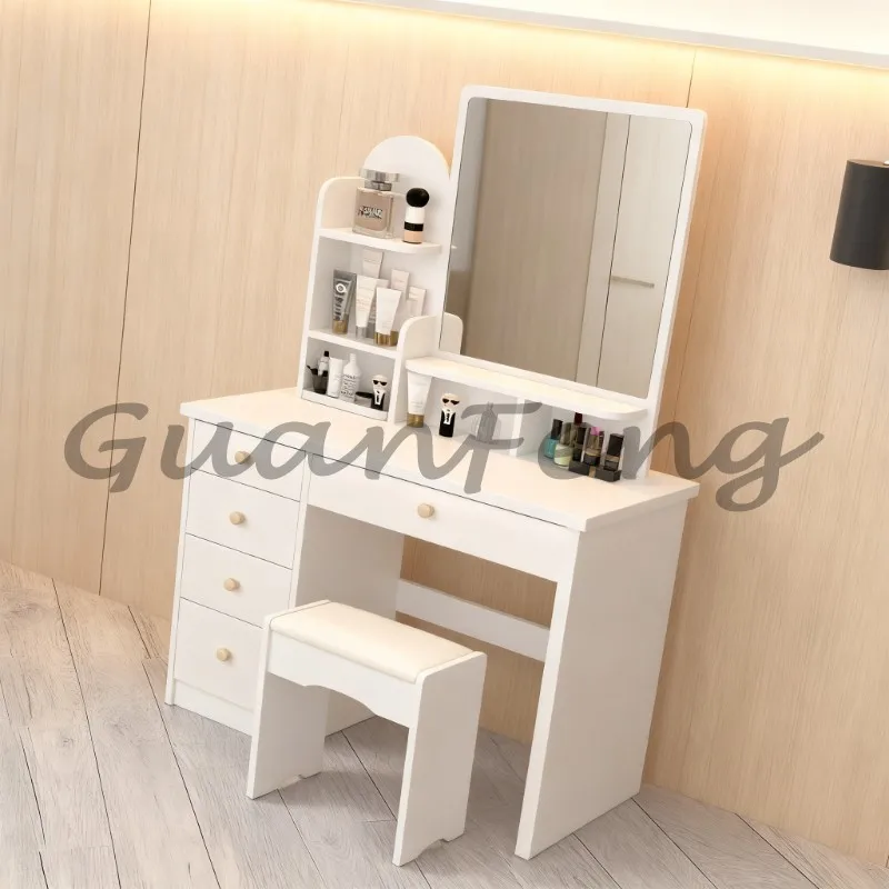 Wood Makeup Vanity Dressing Table 5 Storage Drawers & Shelves Dresser Desk for Home Bedroom Use