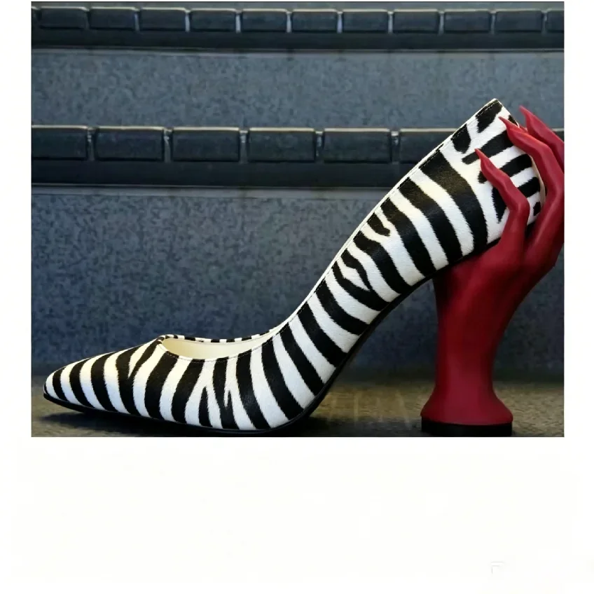 Gothic Pattern Patent Leather Pointed-Toe Hand Heeled Pumps Women Sculpted Heel Glossy Finish Playful Party Shoes for Runway