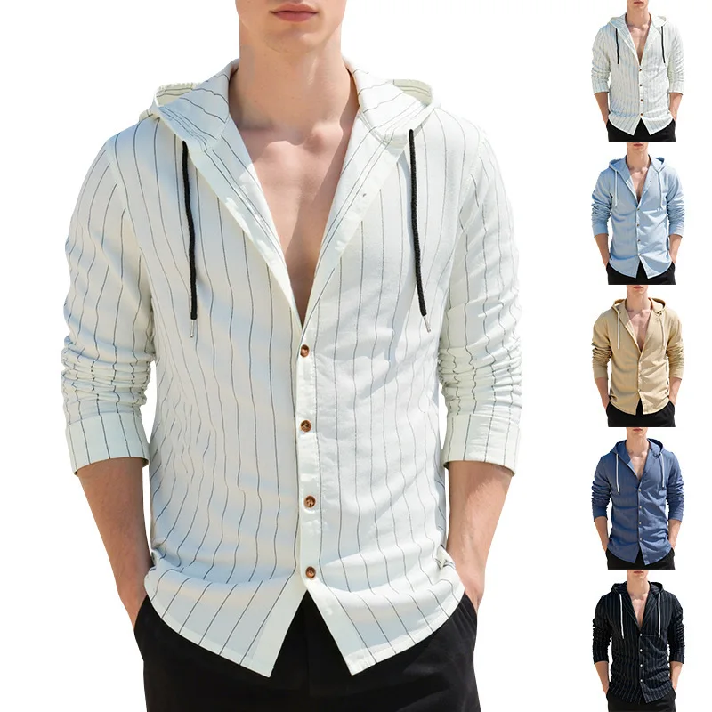 Men Striped Long Sleeve Breasted Hooded Casual Trendy Loose Cotton Linen Shirts Coats Male Spring Autumn New Fashion Top Clothes
