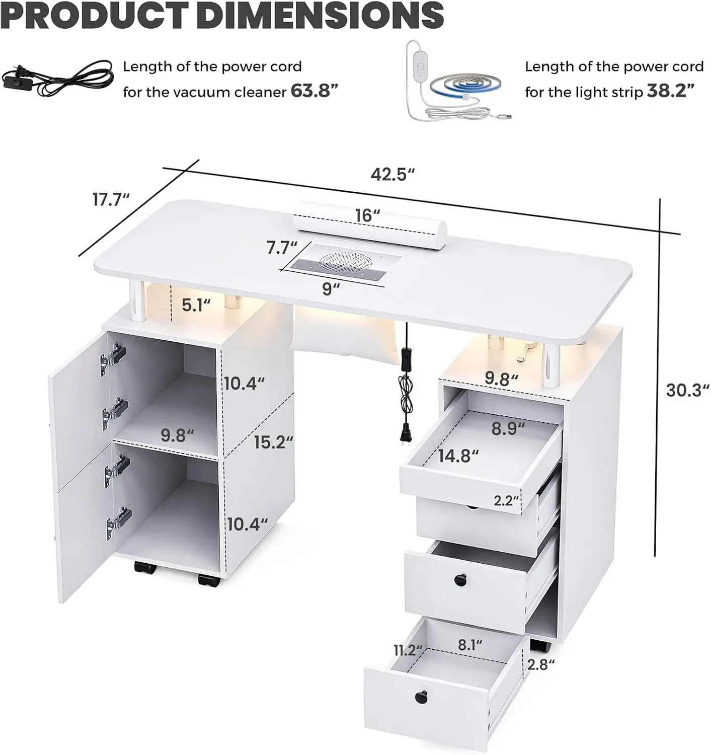 Nail Tech Table with Dust Collector & LED Light, Rolling Manicure Desk with Storage Drawers & Cabinets, Lockable Wheels, Acetone