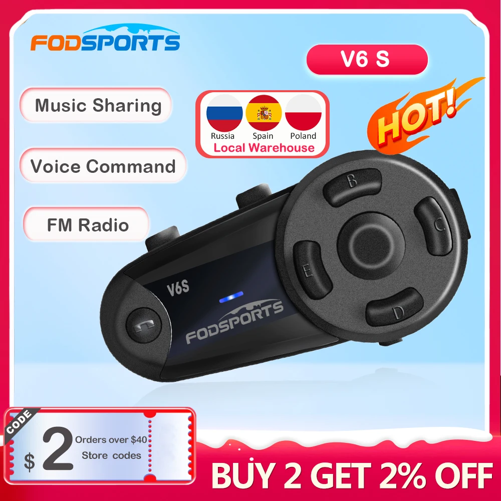 Fod sports v6 s motorrad intercom helm bluetooth headset drahtlose inter phone für 6 fahrer fm radio moto communicator gps