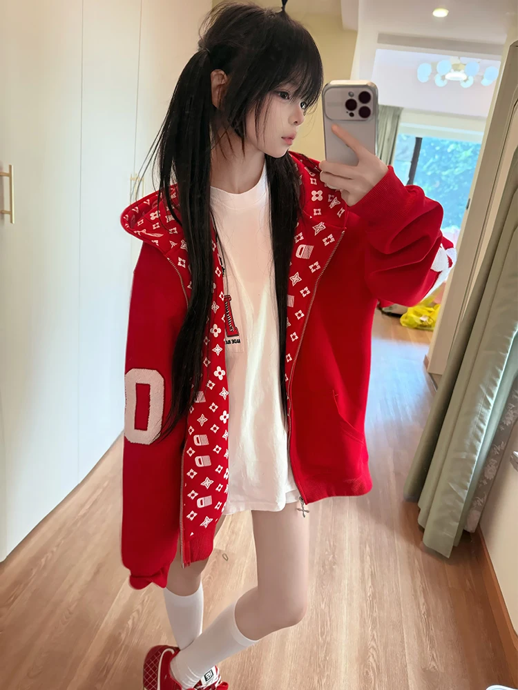 

American High Street Sle Women's Open Cardigan Hoodie Jaet Loose Lazy Top Long Sve Printed Outerwear for Autumn Winter