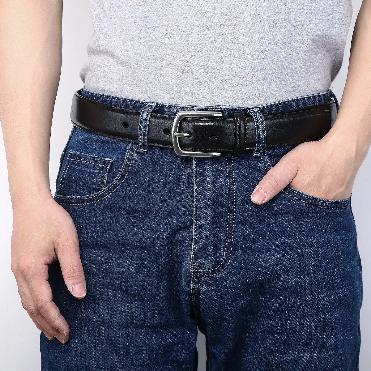 34cm牛革メンズ本革ベルト、男性用シンプルビジネスファッショナブルカジュアルレトロニードルバックルストラップベルト