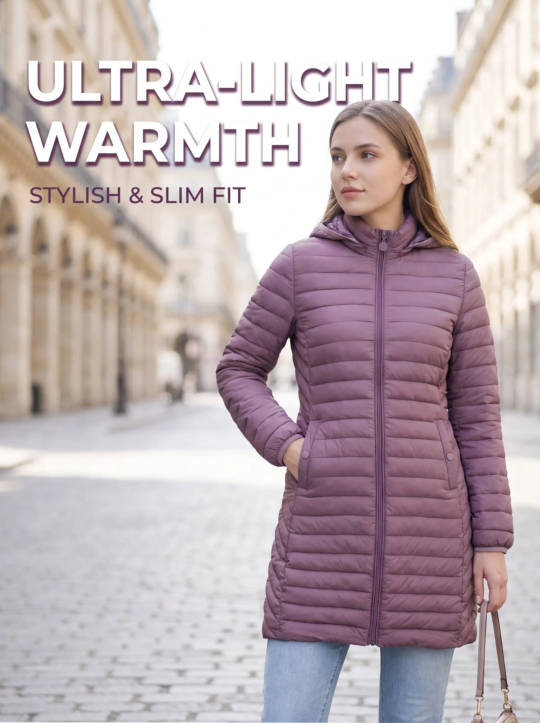 Ultralight Packable Puffer Coat for Women Long Warm Loose Solid Outwear with Detachable Hood