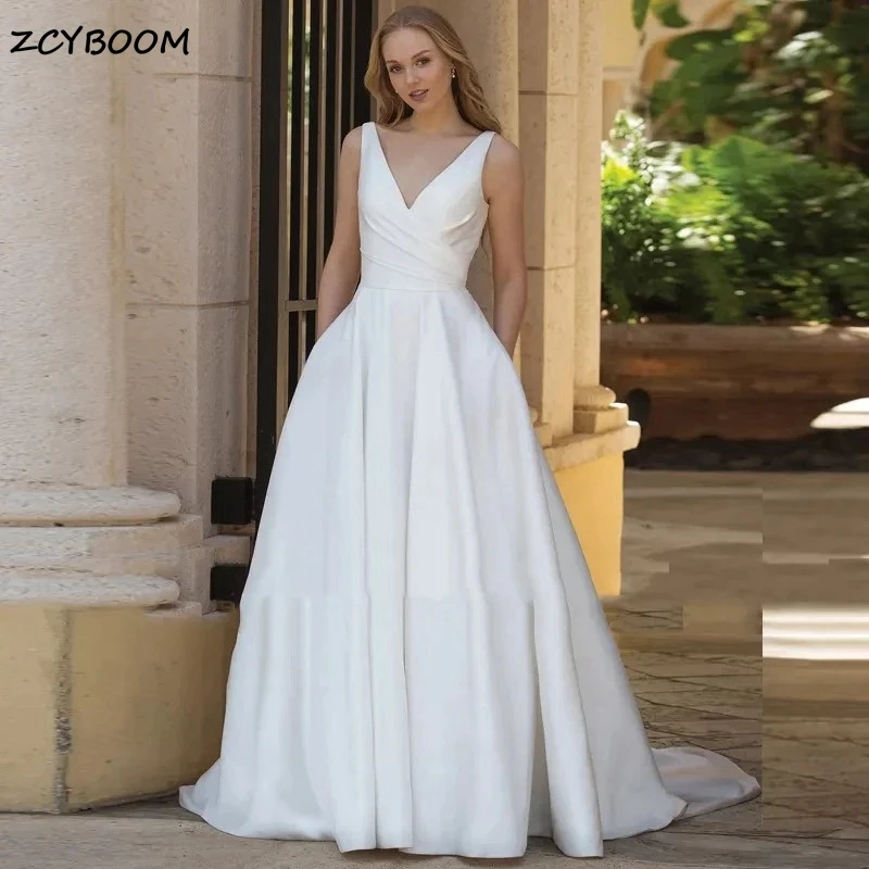 

Elegant Satin Spaghetti Strap V-neck Backless Simple Wedding Dresses For Women Court Train 2024 Bridal Gowns Vestido De Noiva