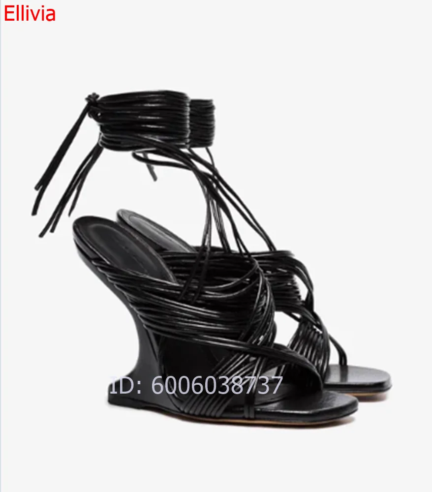 Women Black  Leather Ankle Wrap Lace Up Wedge Sandals Square Toe Multi Strap Hollow Out High Heel Party Dress Shoes
