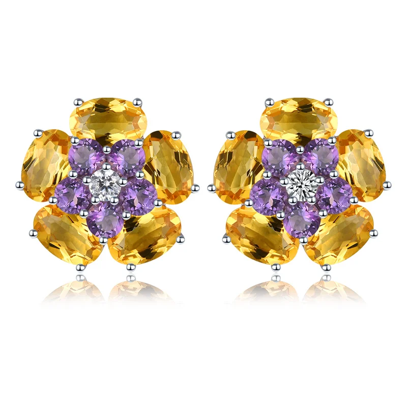 Natural Citrine Amethyst Sterling Silver Stud Earring 5.5 Carats Genuine Multicolor Gemstone Women Jewelry Gifts