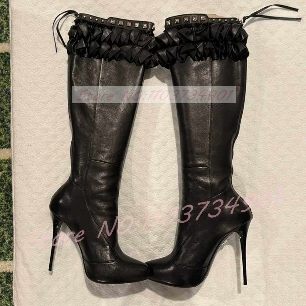 

Black Ruffles Silver Rivets Knee High Boots Women Sexy Pointed Toe Matte Leather High Heels Boots Female Catwalk Party Evening