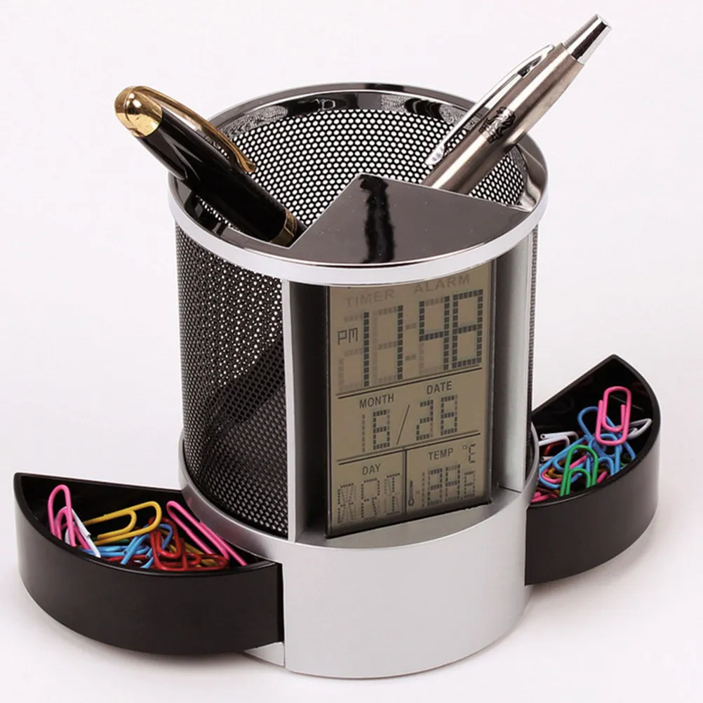Multifunction Pen Holder Electronic Clock Plastic Metal Calendar Organizer Pencil Container with Time Date Countdown Display