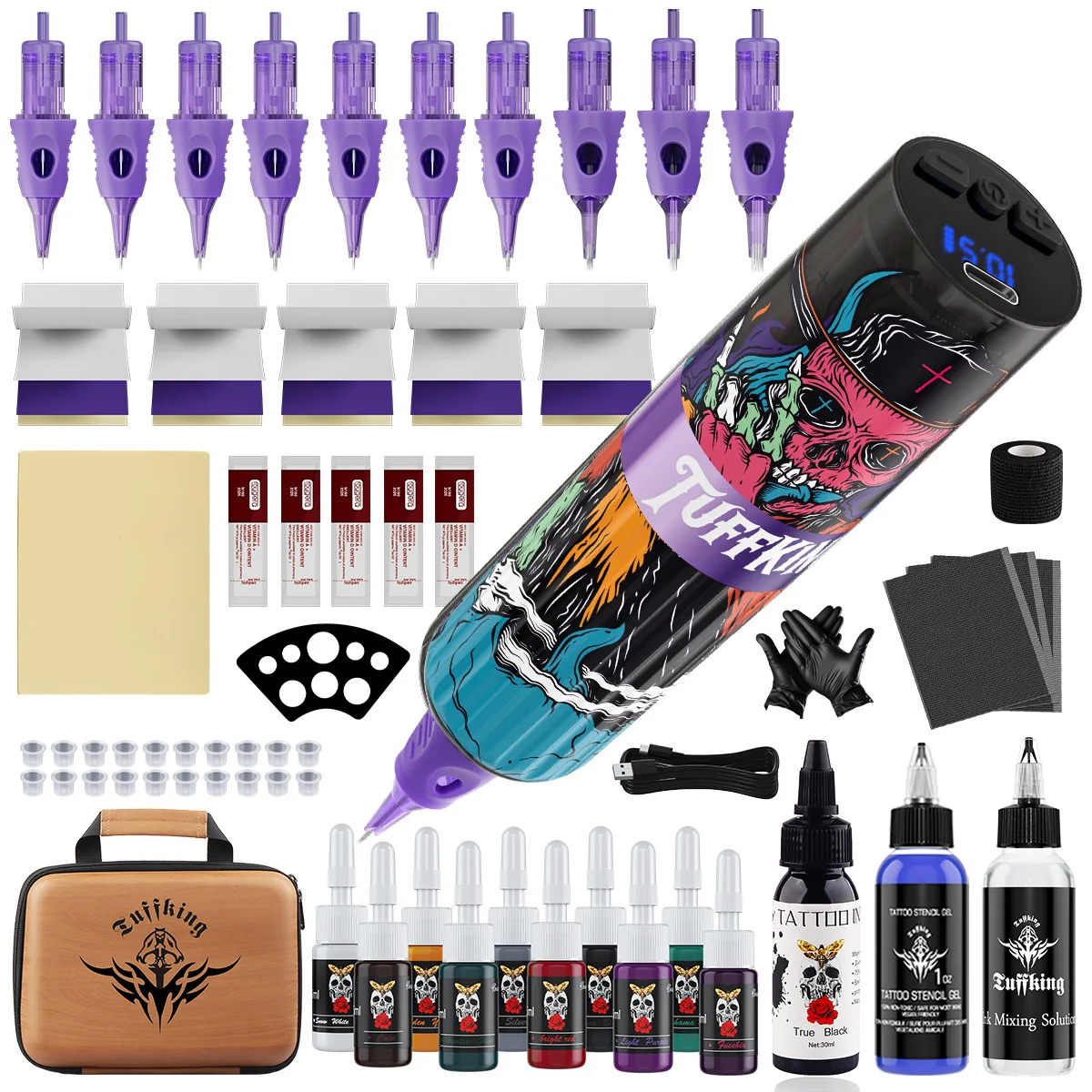 Beginner Punk Style Wireless Tattoo Machine Complete Set of Tools, Battery, Pen Pack, Adhesive, and Needle Equipment