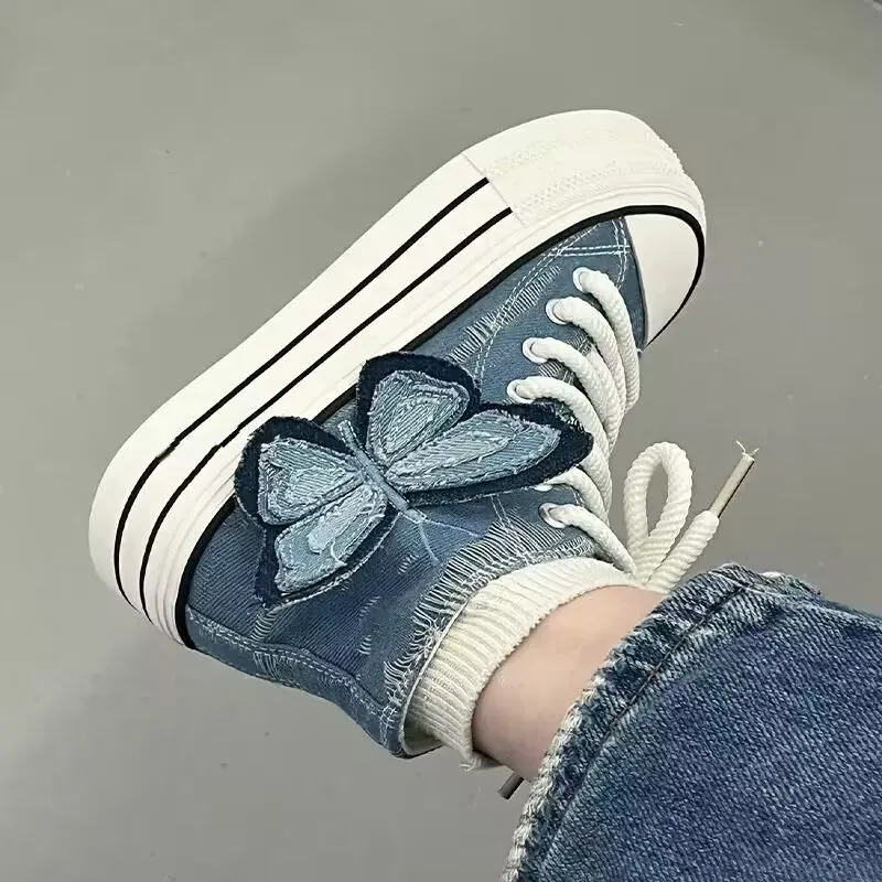 

Butterfly High-top Canvas Shoes 2025 Spring Autumn Women Thick Sole Denim Shoes Girls Breathable Cloth Casual Shoes Canvas Shoes
