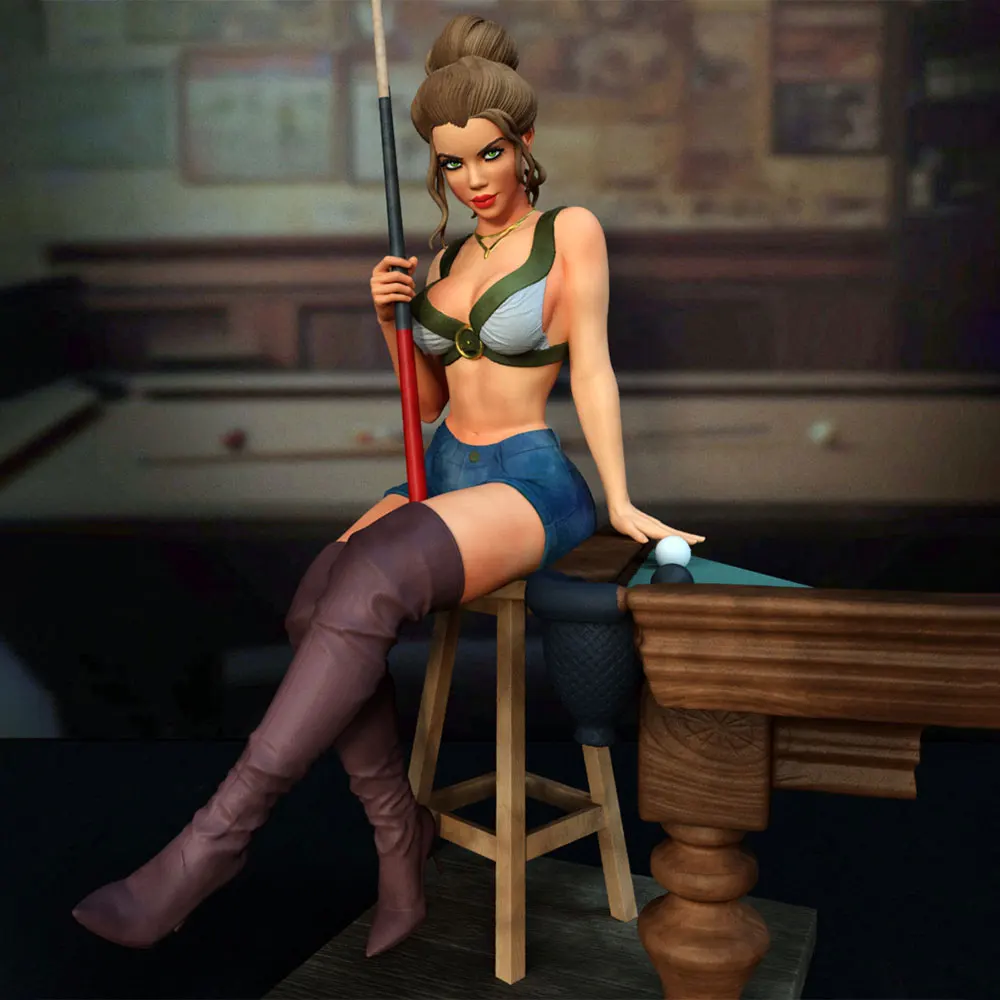 1/24 Miniature Resin Model Statue, 75mm Figure Toy Model Kit, Beautiful Woman Playing Billiards with a Cue, High-Detailed Resin Model Figure, Unpainted, Perfect for Role-Playing Games and Collecting