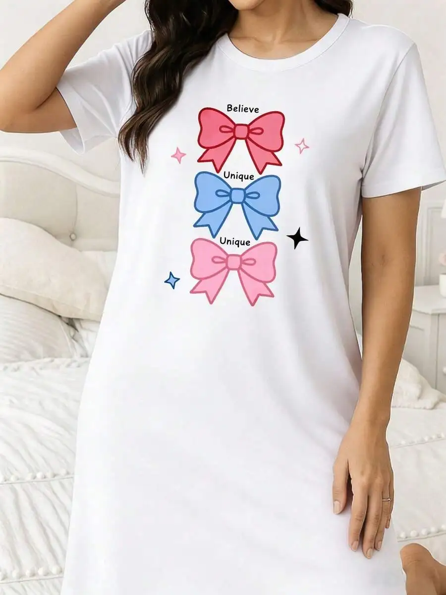 White Sleep Dress With Believe Unique Triple Bow Print Women Loungewear Nightgown Plus Size