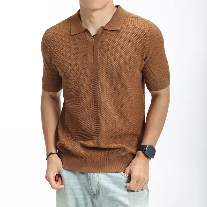 

Premium Seagull Neck Knitted Ice Silk Polo Shirt Men's Business Neck T-Shirt Paul Short Sleeve