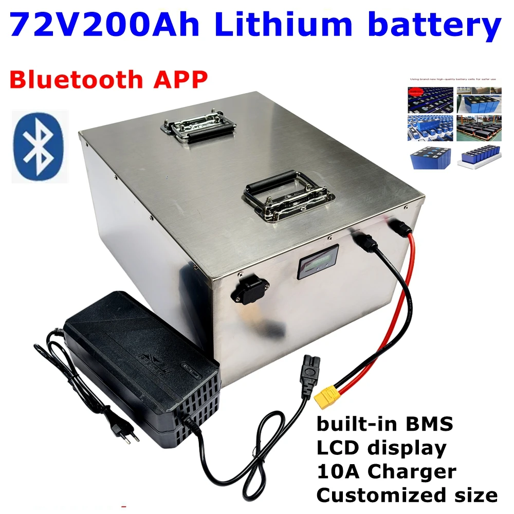 LL -Batterie lithium-ion étanche, 72V, 200Ah, films, Bluetooth, BMS, 7200W, vélo, tricycle, moto, scooter, chargeur 10A.