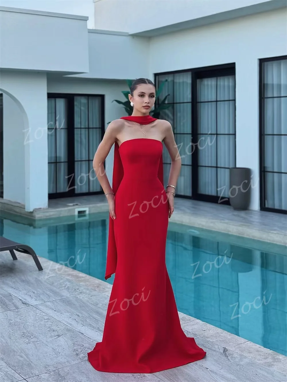Zoci-vestidos de noche sencillos de sirena roja, vestidos de fiesta formales sin tirantes de satén elástico personalizados para mujer, vestido de dama de honor