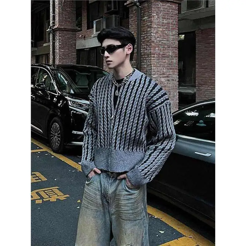 

American Retro BF Lazy Loose Zipper Knitted Sweater Men's Hiphop Haome High-End Feeling Linen Pattern Open Cardigan Sweater