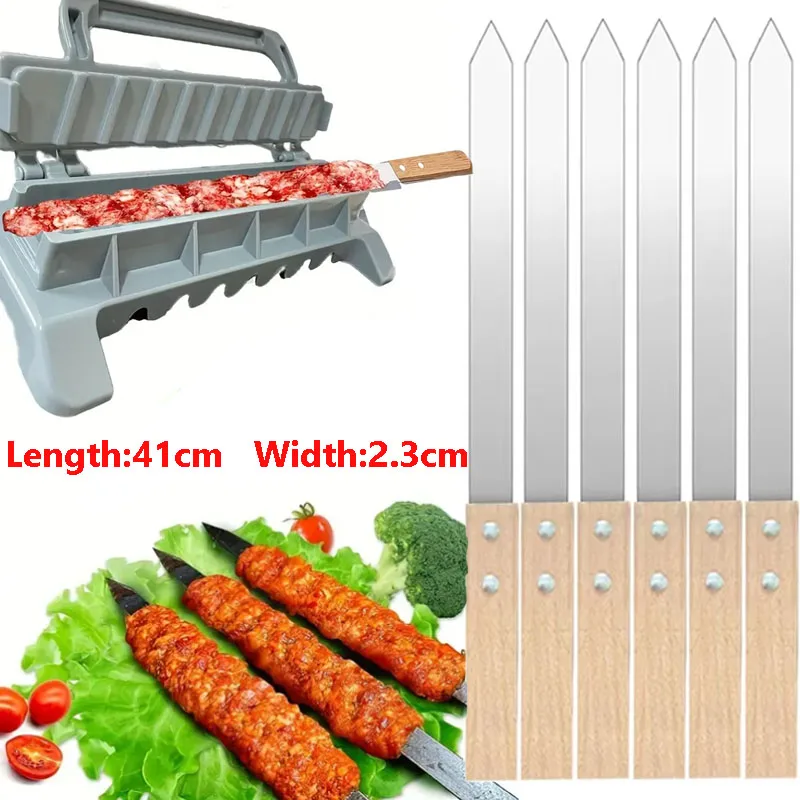 Brochetas de barbacoa de acero inoxidable de 51cm y 2,3cm con mangos de bambú, brochetas planas de Metal para asar, accesorios para barbacoa con aguja de carne de cerdo