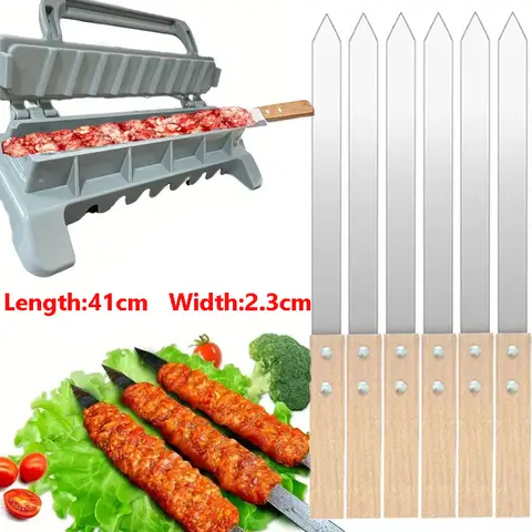 41cm 2.3cm 대나무 손잡이가있는 스테인레스 스틸 바베큐 꼬치 플랫 금속 굽고 꼬치 돼지 고기 쇠고기 바늘 바베큐 액세서리