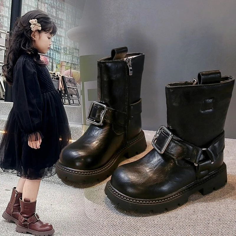 Kids Riding Boots Boys Girls Leather Mid Calf Short Boots Autumn Winter Shoes for Big Children Cool Versatile Casual Footwear