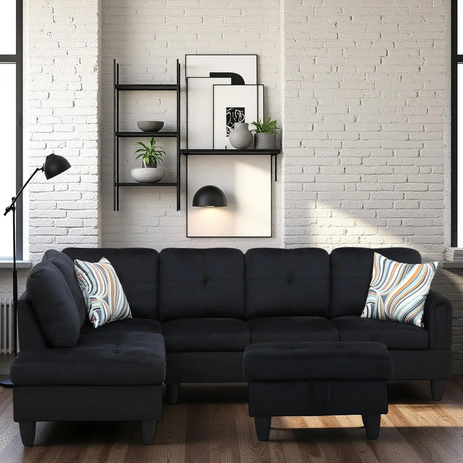 

L Shaped Sectional Couch with Chaise, Storage Ottoman, 3 Pieces Modular Sofa for Living Room, Black