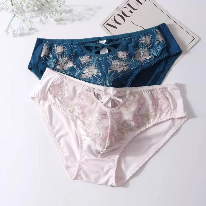 

Men Milk Panties Men Embroidery Sissy Underwear Comfortable Breathable Satin Sexy Briefs Pure Color Luxury Panties