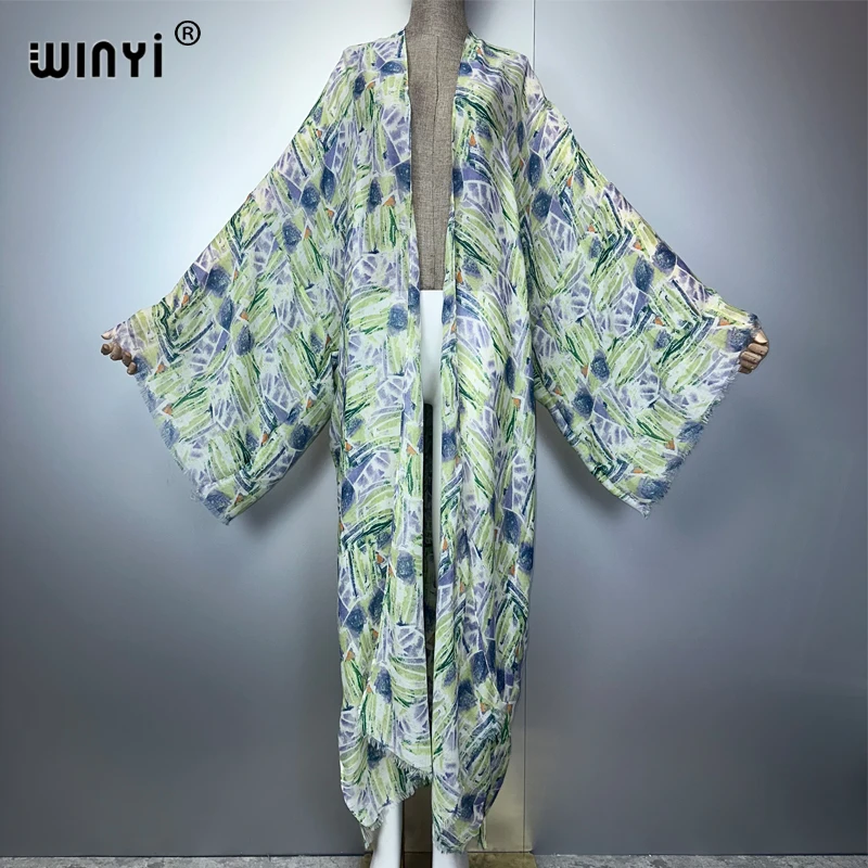 WINYI ボヘミアンプリント着物カーディガン レディースコート ルーズロングコート ホリデービーチカバーアップ パーティードレス 高級ドバイアバヤマキシドレス