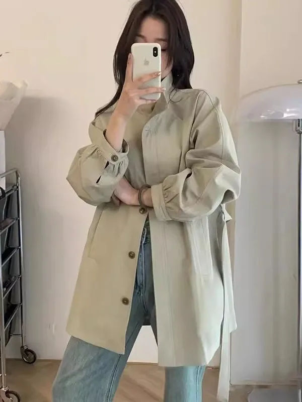 

Korean Sle Khaki Mid-Length Women's Coat Spring Autumn New Small Size High-End Sensation Super Good Looking Outerwear