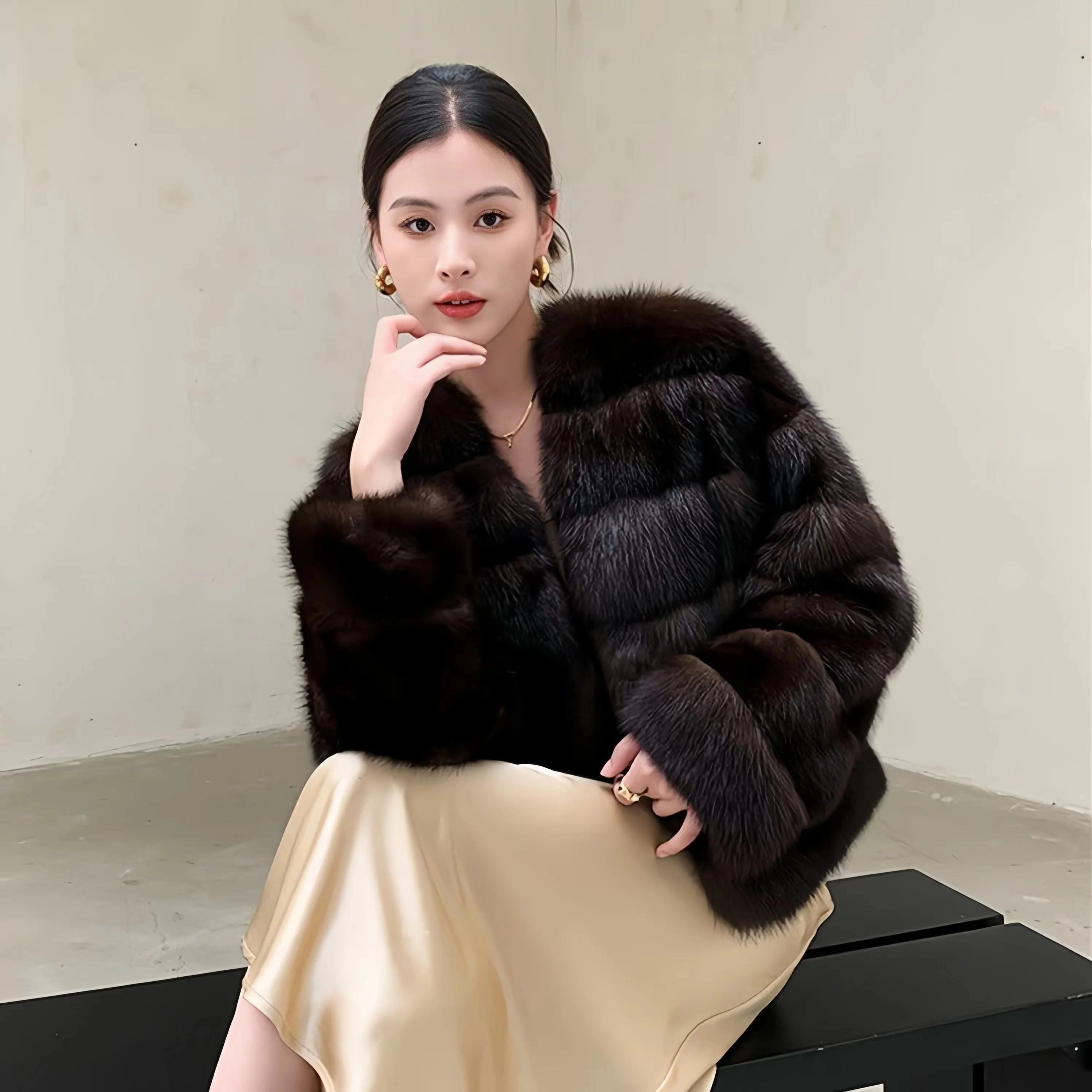 Women\'s Covered Button Faux Mink Fur Coat, O-Neck Short Jacket,Thick Warm Clothes,England Style,Autumn and Winter, 2024
