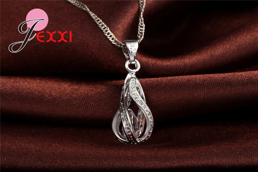 8 Colors Best Gift for Women Girls Friends 925 Sterling Silver Jewelry Set CZ Cubic Zircon Water Drop Necklace Dangle Earrings