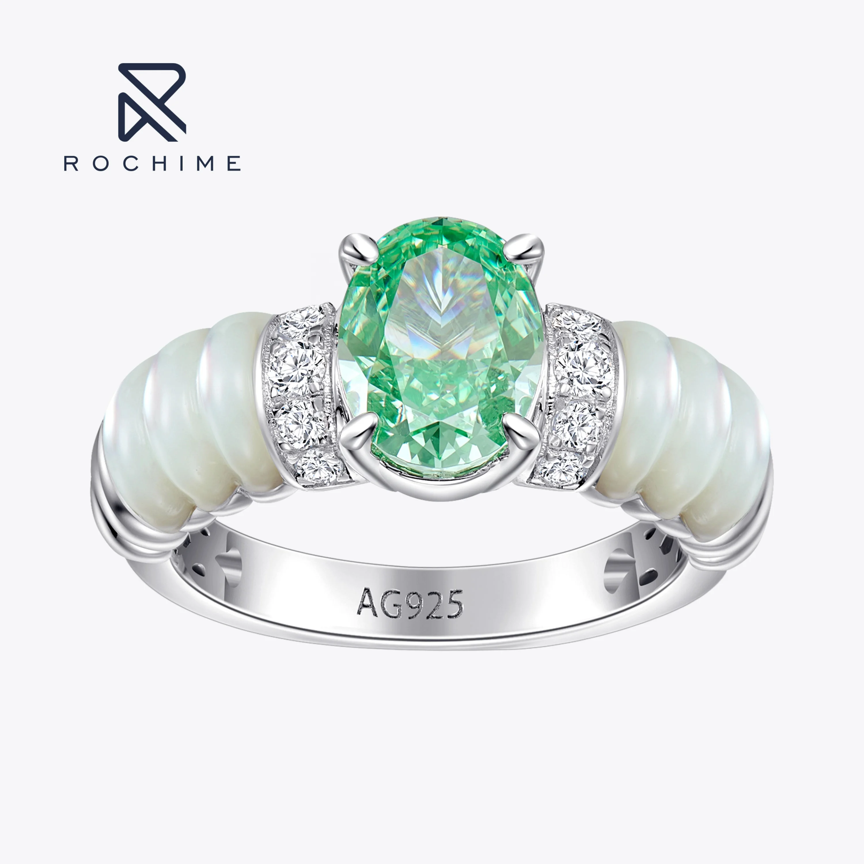 Rochime New Arrival Design Wave Shaped White Fritillaria Zircon Rings 925 Silver Oavl Cut Jewelry Ring