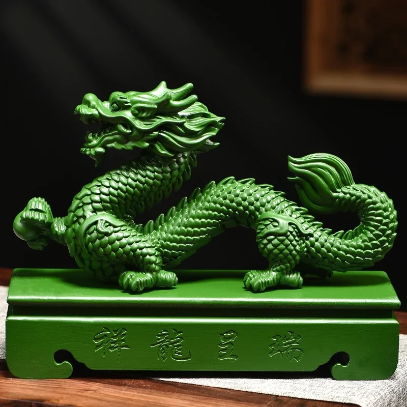 Solid wood green dragon ornament green wood five-clawed dragon handicrafts home living room decoration wood carving zodiac gift