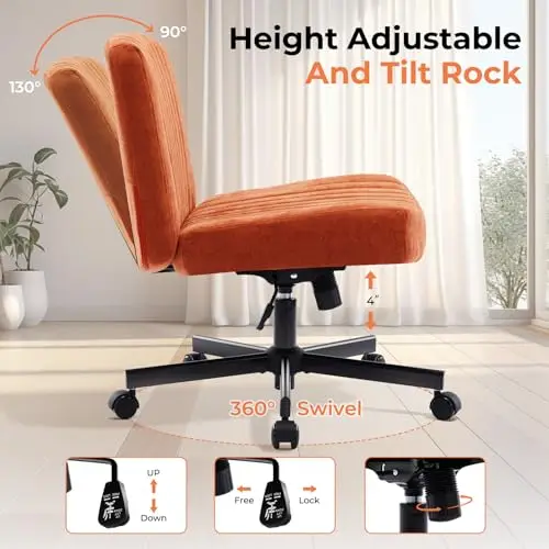 

Orange Chenille Armless Swivel Chair With Pocket Spring Cushion, Height Adjustable & 130° Tilt, 360° Rotation For Office Or