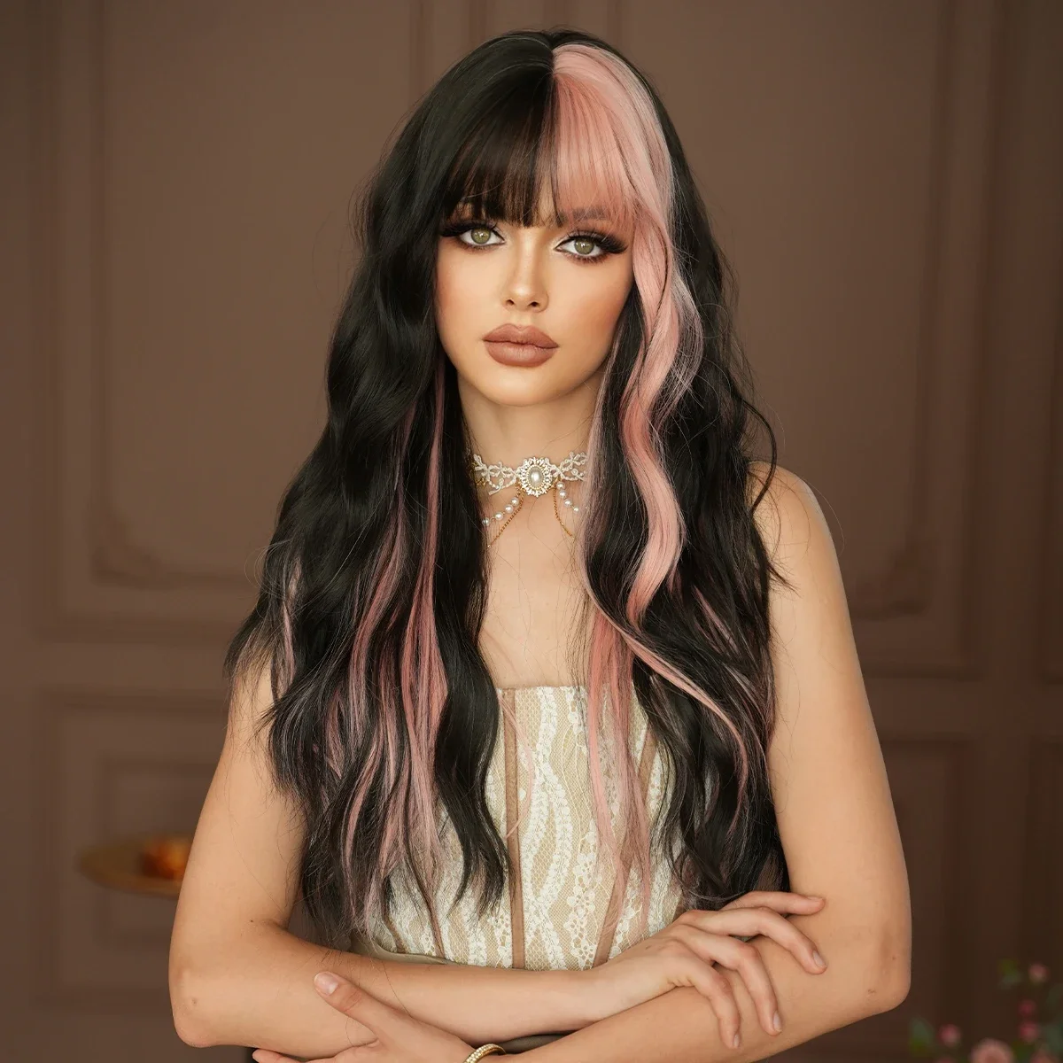 PARK YUN Long Wavy Black Wigs for Women Daily Party High Density Synthetic Wavy Highlight Pink Hair Wigs with Bangs