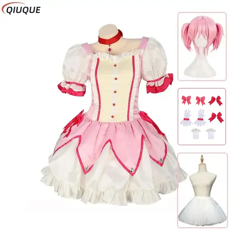 

Puella Magi Madoka Magica Cosplay Costume Wig Petticoat Kaname Madoka Pink Short Ball Dress Halloween Party Uniform Outfit