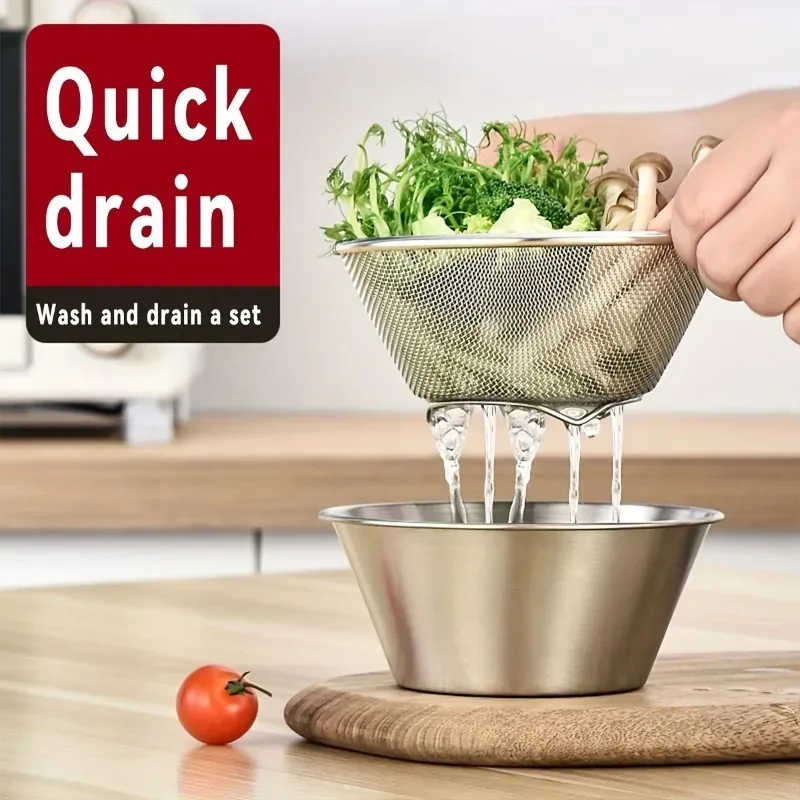 2PCS Stainless Steel Colander Set Fine Mesh Strainer Bowl for Washing Fruit Rice Draining KitchenTool Multi Functional Efficient