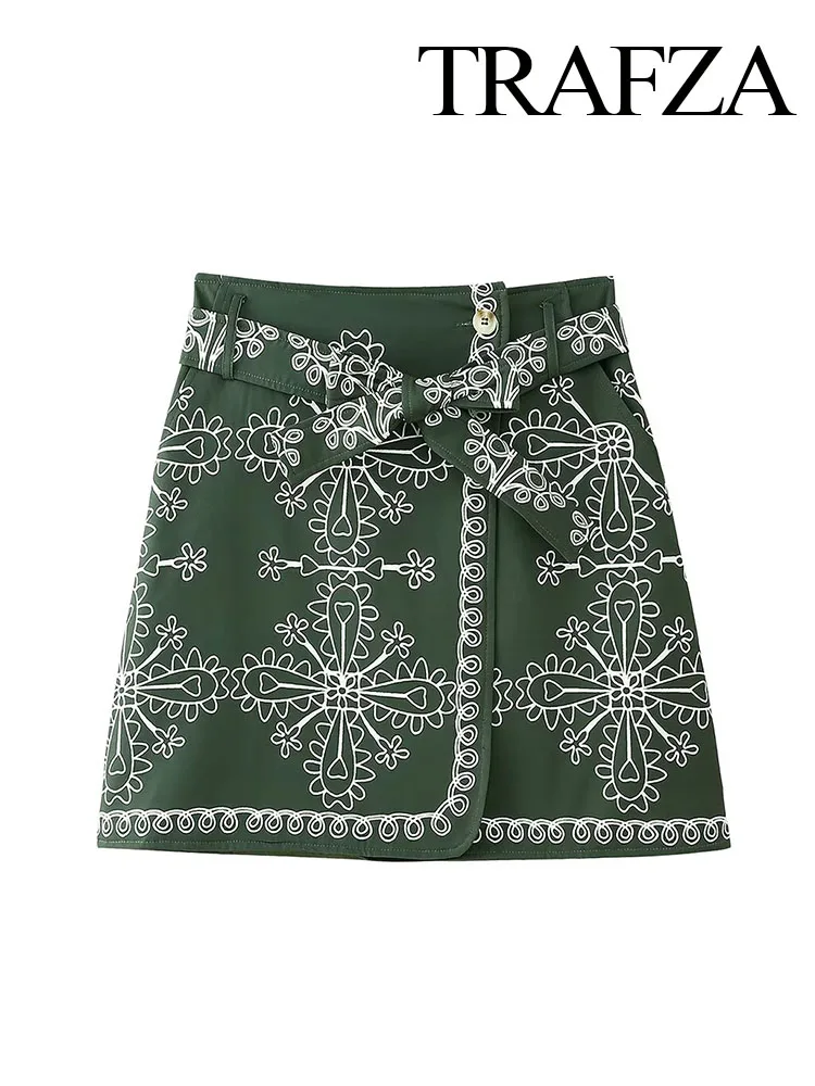 

TRAFZA Women Fashion Bow Buttons Crop Decorate Printed Mini Skirt Female Vintage High Waist Slim Short Skirt Streetwear Mujer