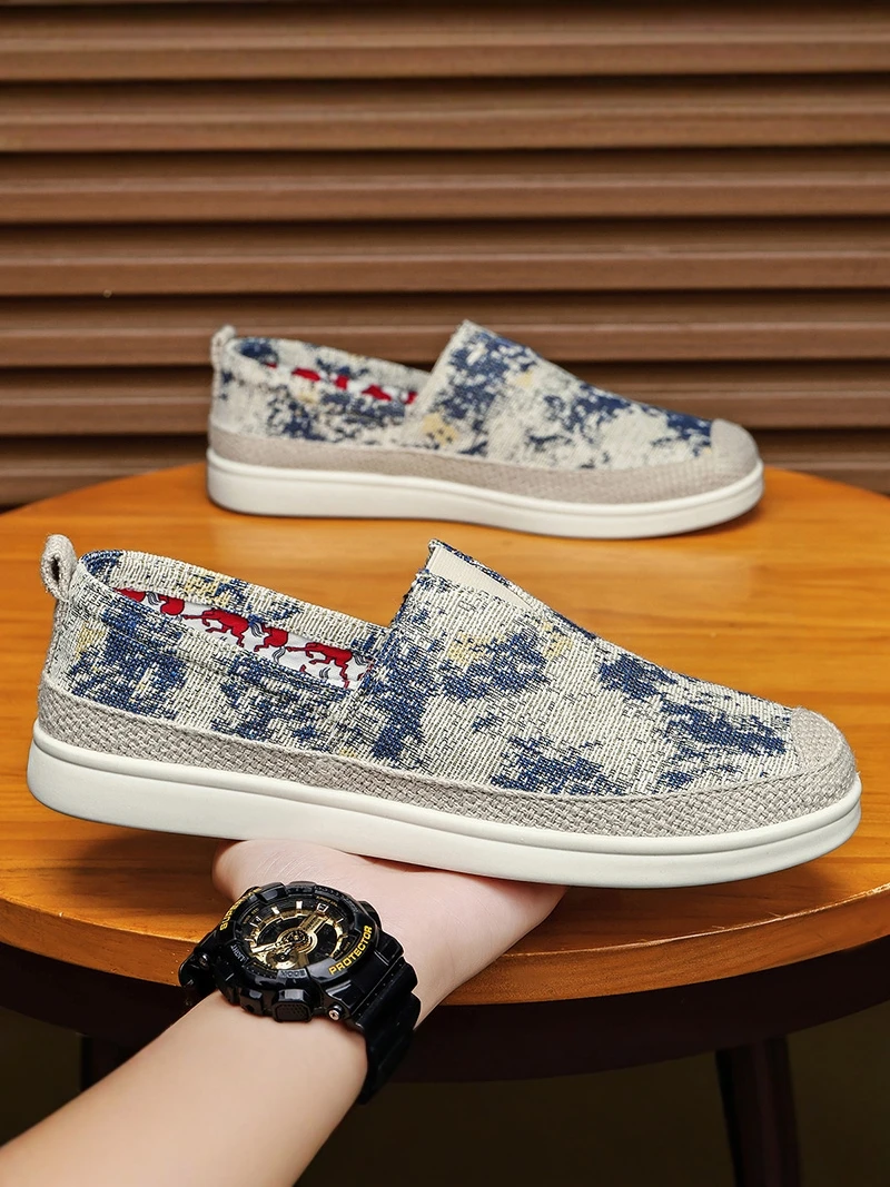 Old Beijing Canvas Shoes Men's Breathable Anti-slip Slip-on Fisherman's Woven Grass Casual Shoes round Toe Thick Bottom Rubber