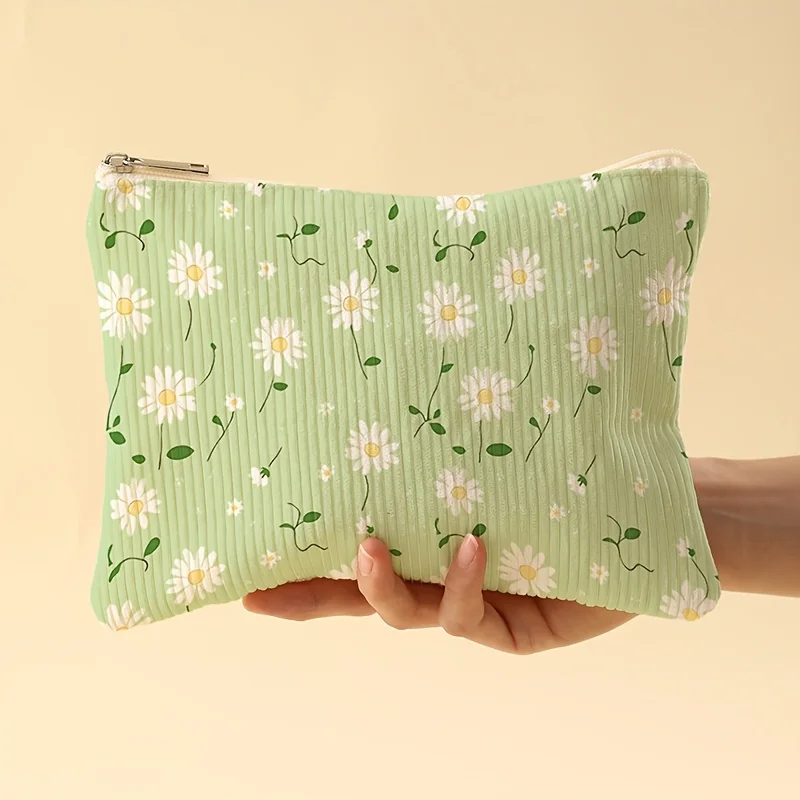 Green Daisy Pattern Makeup Bag Large Capacity, Portable Storage with Zipper Closure, Suitable Men and Women, Travel Daily Use