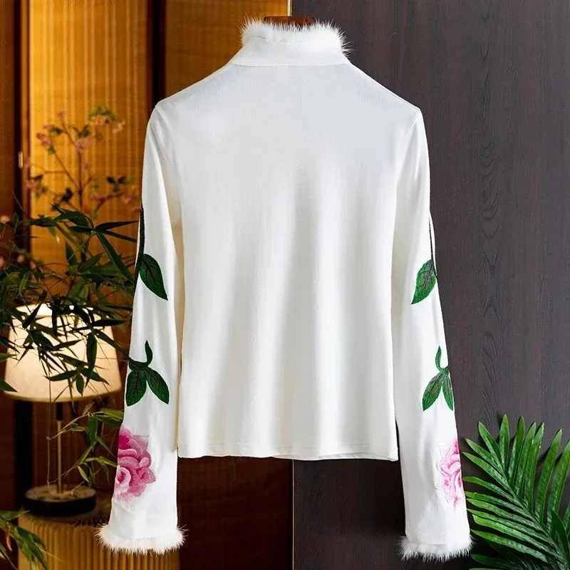 Autumn New Mink Hair Blouse Chinese Style Vintage White Shirt Women Sweet Ruffled Collar Floral Embroidery Tops Clothes 29941