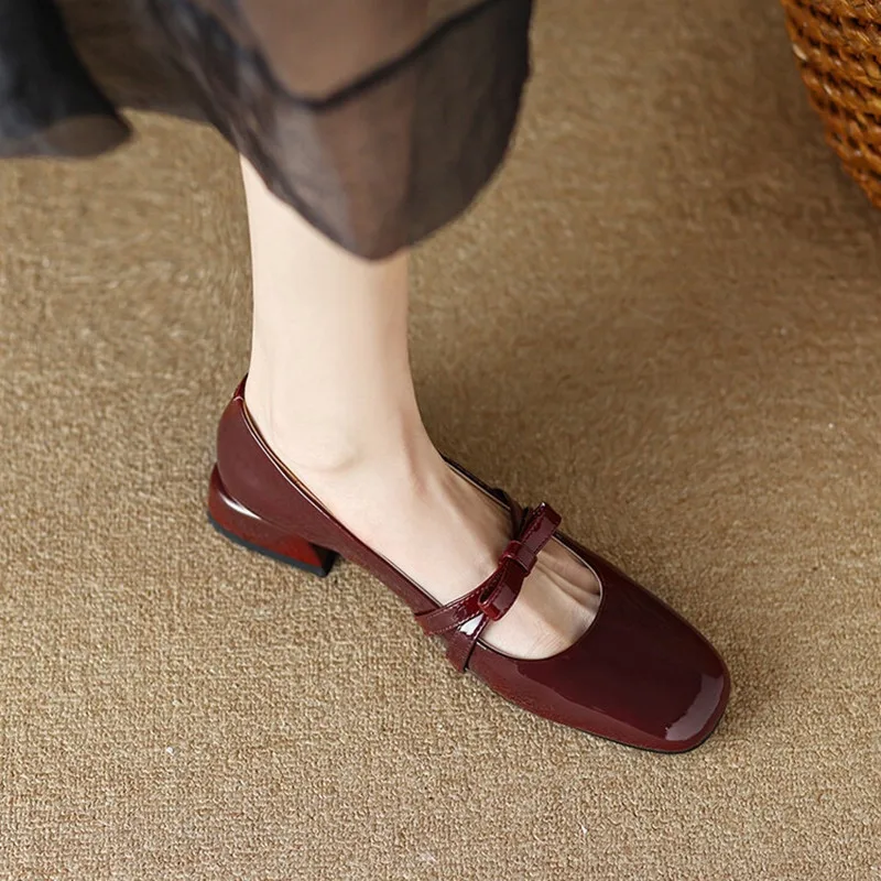 French Retro Women Shoe 2023 Autumn Lacquer Leather Bow Single Shoe Fashion Mary Jane Shoe Women Low Heels Elegant Leather Shoes