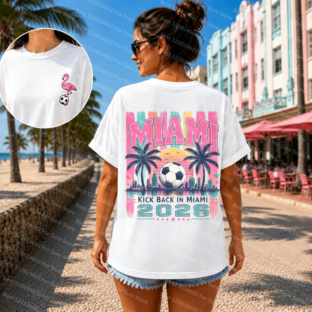 Miami 2026 Flamingo Soccer T Shirt Women Retro Colorful Miami Skyline Graphic Tee Summer Casual Short Sleeve Fans t-shirt