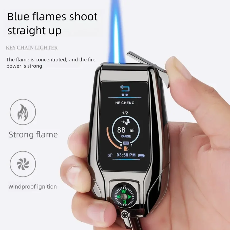 Outdoor Dual-Power Keychain Lighter - Jet Flame Metal Body Rechargeable Refillable with Built-in Compass
