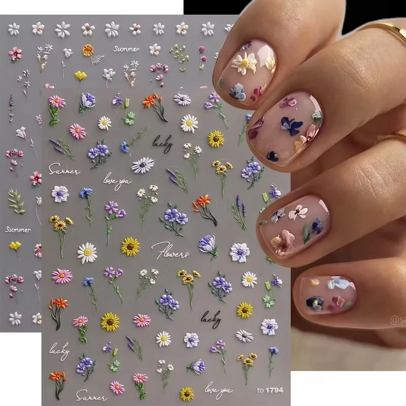 1 個 5D デイジー & ワイルドフラワー エンボスネイルステッカー 鮮やかな色 花柄 自己粘着デカール DIY マニキュア 完璧なホリデーギフト