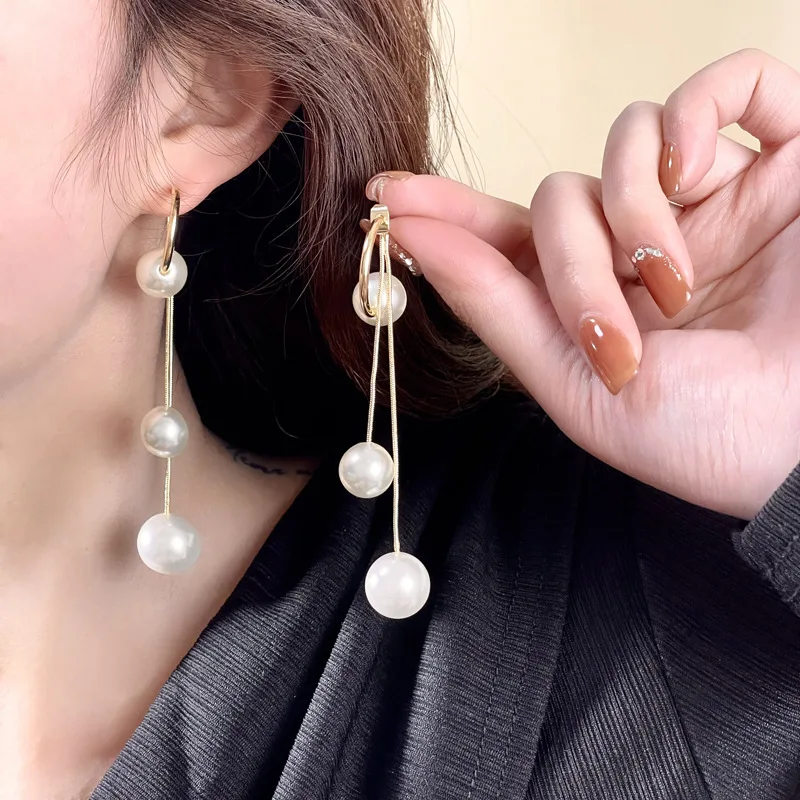 Elegant C-Shaped Pearl Earrings with Long Tassel, Can Be Worn in Two Ways as Drop or Stud Earrings